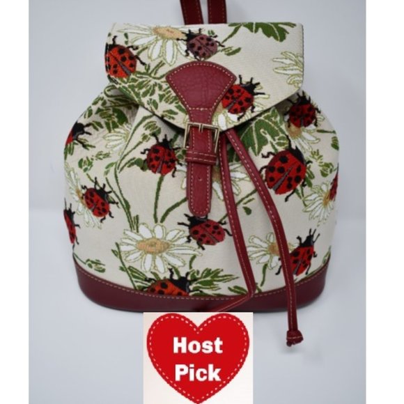 Tapestry Small BackPack - Ladybugs & Flowers - Beige Color –Front Buckle - Picture 2 of 2